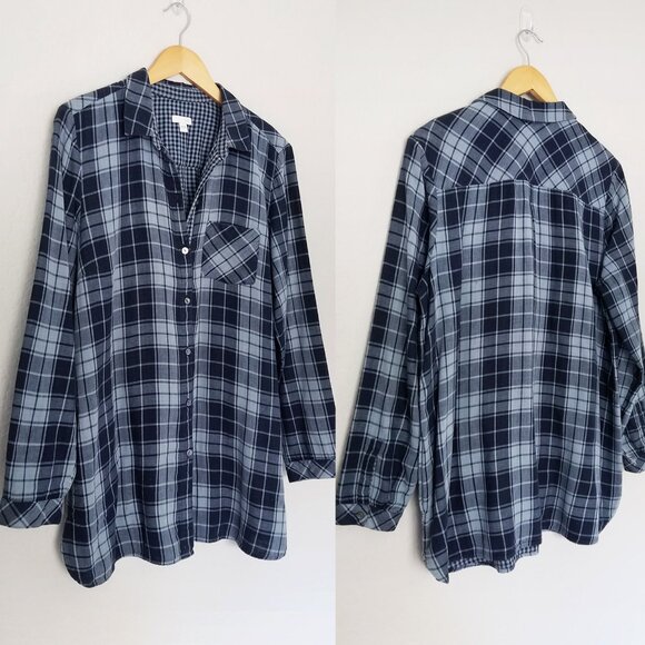 J. Jill Tops - J. Jill Blue Plaid Double 100% Cotton Button Down Shirt Tunic Pocket SOFT Size L